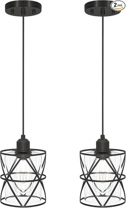 DSMJFU 2 Pack Black Pendant Lights, Modern Clear Glass Adjustable Hanging Lighting for Kitchen Island Bedroom Bathroom Entryway Hallway, E26 Base Ceiling Pendant Light Fixtures