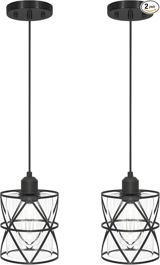DSMJFU 2 Pack Black Pendant Lights, Modern Clear Glass Adjustable Hanging Lighting for Kitchen Island Bedroom Bathroom Entryway Hallway, E26 Base Ceiling Pendant Light Fixtures