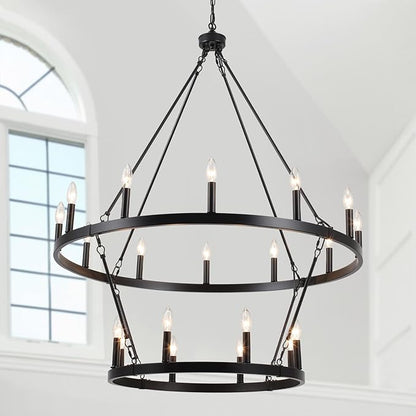 Black Wagon Wheel Chandelier 2 Tier 20-Lights 40 Inch Extra Large Farmhouse Light Fixture Rustic Lighting Round Chandeliers for Dining Room Kitchen Island Foyer Entryway