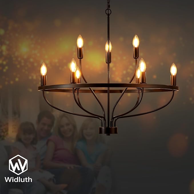 Industrial 30" Black Chandelier Vintage 9-Lights Farmhouse Candle Style Black Chandeliers Light Fixture Retro Modern Black Chandelier for Dining Room, Kitchen Island, Living Room, Bedroom, E12