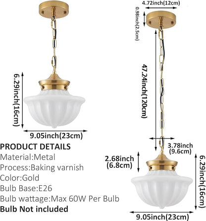 youngrender Schoolhouse Pendant Fixtures, 9" Brass Gold Milk Glass Pendant Light, Adjustable Mid Century Ceiling Pendant Lighting for Bedroom Kitchen Living Room Hallway Dining Room