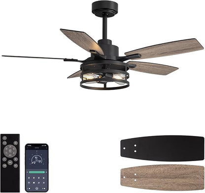 42 Inch Ceiling Fans with Lights and Remote Control, Farmhouse Ceiling Fan with LED Lighting for Bedroom Living Room and Patio, Black Caged Ceiling Fan for Indoor and Outdoor(NO Bulbs)
