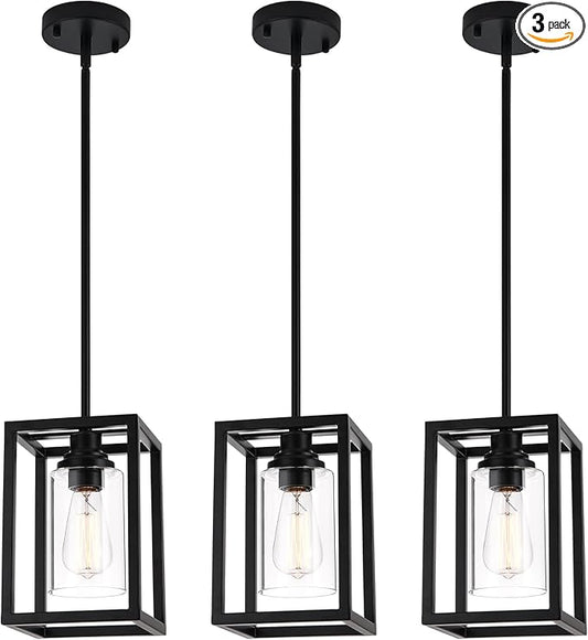 Matte Black Farmhouse Pendant Light Fixtures, Pendant Lights for Kitchen Island, Rectangle Linear Metal Hanging Lighting Fixture Ceiling Mount with Clear Glass Shade E26 Base for Dining Room, 3 Pack