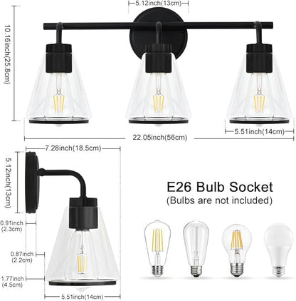 Black Bathroom Vanity Light 3 Lights Bathroom Light Fixtures Over Mirror Vanity Lighting Fixtures with Clear Glass Shade 22 inch Modern Vanity Lights for Bathroom Wall Sconce Lights for Bedroom