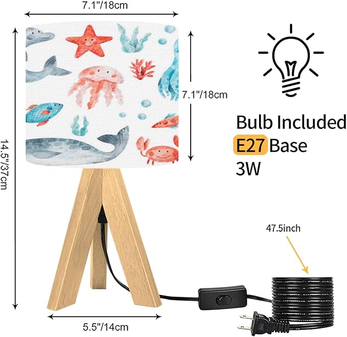 Tripod Table Lamp Ocean Animals Fish Modern Bedside Dimmable Desk lamp Wooden Base Fabric Lampshade for Kids Room, Nursery, Bedroom, Living Room
