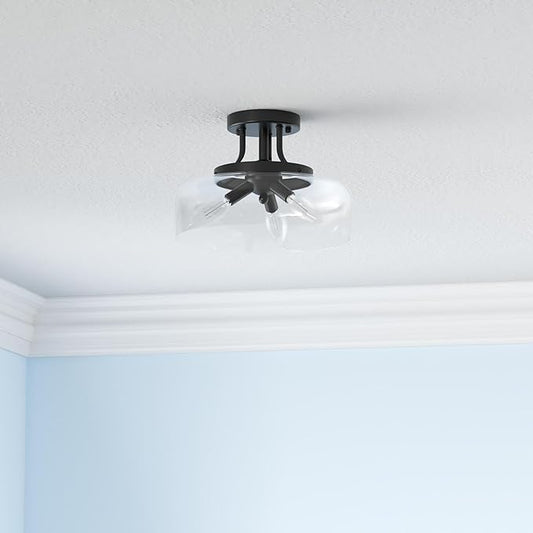 Modern Industrial Semi Flush Mount Ceiling Light with Clear Glass Shade, 3-Bulb Black Ceiling Light Fixture for Kitchen Bedroom Living Room Porch Hallway Entryway, E12 Socket, Bulbs Not Included