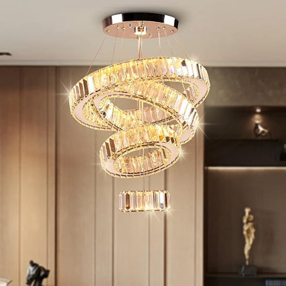 Modern Crystal Chandelier 4 Rings LED Pendant Light Adjustable High Chandeliers Ceiling Light for Bedroom Living Room Dining Room Warm White