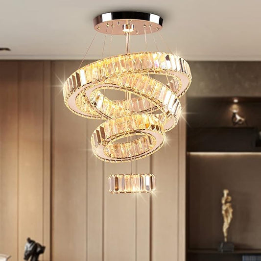 Modern Crystal Chandelier 4 Rings LED Pendant Light Adjustable High Chandeliers Ceiling Light for Bedroom Living Room Dining Room Warm White