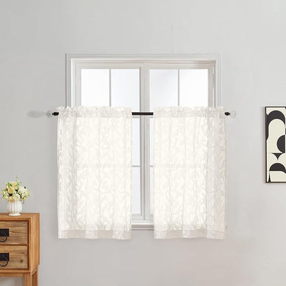 Gwine Ivory Sheer Curtains 30 Inch Length, Light Filtering Leaf Clip Jacquard Textured Short Cafe Curtains, Rod Pocket Half Window Curtain for Bathroom Basement RV Camper, 42x30 Inch, 2PCS