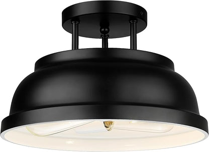 zeyu 12'' Industrial Semi Flush Ceiling Light, 2-Light Flush Mount Ceiling Lamp for Bedroom Dining Room, Metal Dome Shade in Black Finish, ZY29-F BK