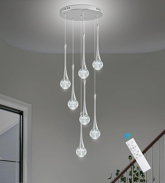 Modern Chrome Crystal Chandelier for Kitchen Island 7-Lights, Luxury Spiral Dimmable LED Bubble Raindrop Pendant Lighting Fixture for Dining Room Foyer Entryway Bedroom
