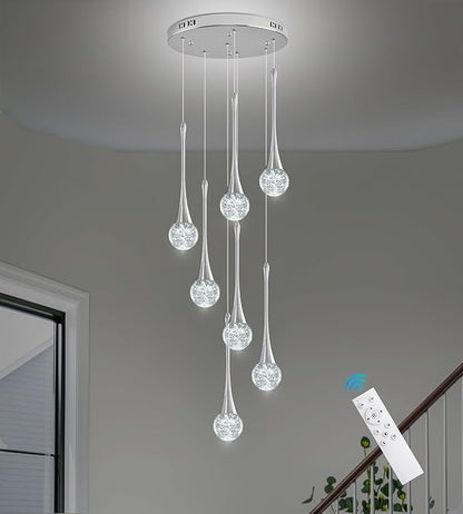 Modern Chrome Crystal Chandelier for Kitchen Island 7-Lights, Luxury Spiral Dimmable LED Bubble Raindrop Pendant Lighting Fixture for Dining Room Foyer Entryway Bedroom