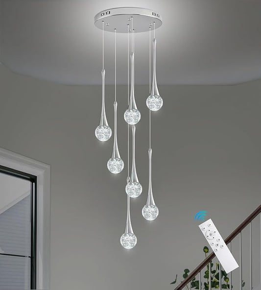 Modern Chrome Crystal Chandelier for Kitchen Island 7-Lights, Luxury Spiral Dimmable LED Bubble Raindrop Pendant Lighting Fixture for Dining Room Foyer Entryway Bedroom