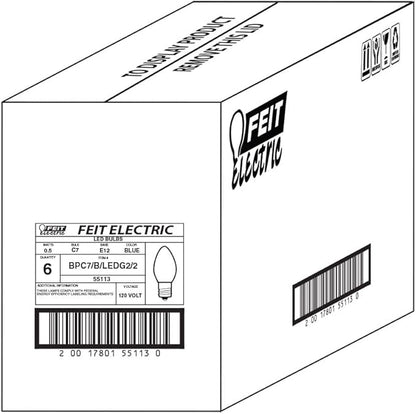 Feit Electric BPC7/B/LEDG2/2/6 7W Equivalent 0.5 Watt Candelabra Base Holiday Party Decorative LED C7 Light Bulb, 2.15" H x 1" D, Blue, 12