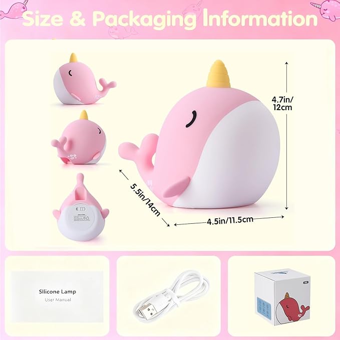 Narwhal Night Light for Kids, Portable Squishy Kawaii Lamp, USB Rechargeable Silicone LED Dimmable RGB Ocean Lamp with Timer, Birthday Cute Gifts for Boys Girls Bedroom/Nursery Decor