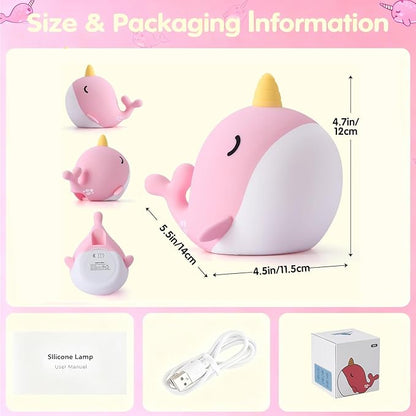 Narwhal Night Light for Kids, Portable Squishy Kawaii Lamp, USB Rechargeable Silicone LED Dimmable RGB Ocean Lamp with Timer, Birthday Cute Gifts for Boys Girls Bedroom/Nursery Decor