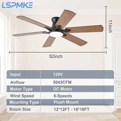 52 Inch Ceiling Fans with Lights, Low Profile Ceiling Fan with Light and Remote, Quite DC Motor,Flush Mount, 3CCT, Dimmable, Brown RGB Ceiling Fan for Bedroom, Living Room, Indoor/Outdoor Use