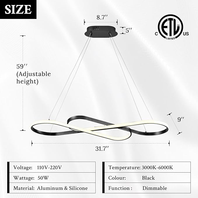 Modern LED Chandelier Black Dimmable LED Pendant Light for Dining Room Light Fixture Over Table Modern Kitchen Island Lighting High Ceiling with Remote for Living Room, 31.7 Inch