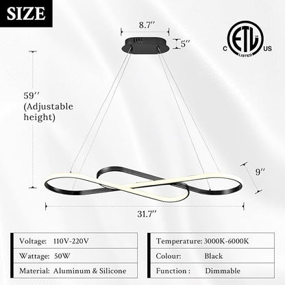 Modern LED Chandelier Black Dimmable LED Pendant Light for Dining Room Light Fixture Over Table Modern Kitchen Island Lighting High Ceiling with Remote for Living Room, 31.7 Inch