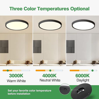 20 Inch Large LED Flush Mount Ceiling Light, 40W, 4350LM, 3000K/4000K/6000K CCT Selectable,Black Round Flat Panel Light Low Profile Ceiling Light Fitures for Hallway, Kitchen, Bedroom, Laundry(1PK)