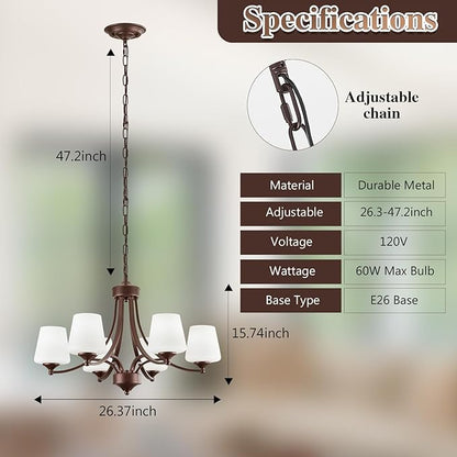 Oil-Rubbed Bronze Farmhouse Chandelier for Dining Room Hanging Lighting Fixtures 6-Light Chandelier with Frosted Glass Shade, Rustic Pendant Light for Kitchen Island Adjustable Height 47.2’’