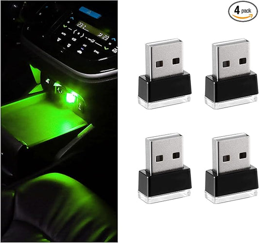 4 PCS USB LED Car Interior Atmosphere Lamp, Portable Mini LED Night Light, Plug-in USB Interface Trunk Ambient Lighting Kit, Universal Interior Car Accessories (Green)