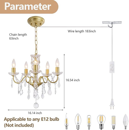 Plug in Modern 5-Light Gold Chandelier with Glass Crystals, Candle Style Pendant Light Fixtures for Living Room, Girls Room, Kitchen Island, Entryway