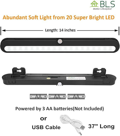 BLS T01LB LED Closet Light Super Bright 20 LED Under Cabinet Lighting Battery Powered/DC Input Wireless Motion Sensing Light, Motion & Light Sensor, Light Beam Adjustable, Black(2 Pack)