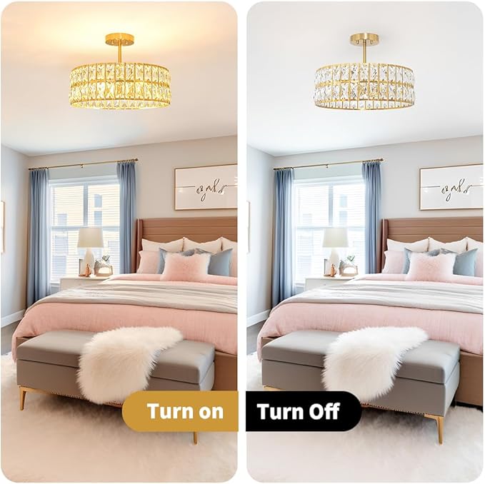 Lxybcce Crystal Ceiling Light Fixture, Modern Brushed Gold Ceiling Light Chandelier, Semi Flush Mount Chandelier Lighting Fixture for Kitchen Entryway Living Room Dining Room, 5-Light, 16 Inch