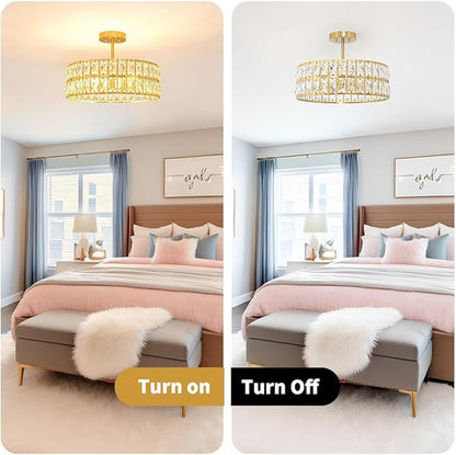 Lxybcce Crystal Ceiling Light Fixture, Modern Brushed Gold Ceiling Light Chandelier, Semi Flush Mount Chandelier Lighting Fixture for Kitchen Entryway Living Room Dining Room, 5-Light, 16 Inch