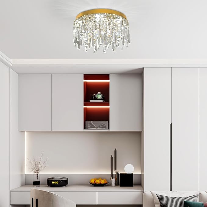 VETRULUS Gold Crystal Chandeliers for Dining Room 15.74" Round Luxury Flush Mount Crystal Ceiling Light Fixture Modern Chandelier for Bedroom Living Room Kitchen Island