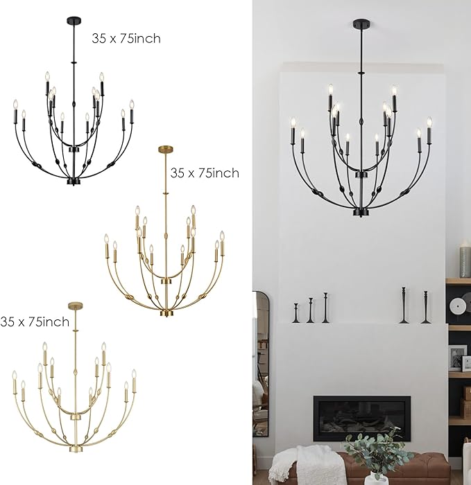 Large 35 Inch 2-Tier Modern Black Chandelier, 12-Light Farmhouse Candle Pendant Light for High Ceiling Foyer Entryway Living Room