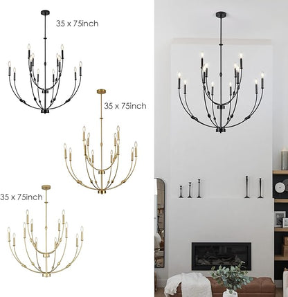 Large 35 Inch 2-Tier Modern Black Chandelier, 12-Light Farmhouse Candle Pendant Light for High Ceiling Foyer Entryway Living Room
