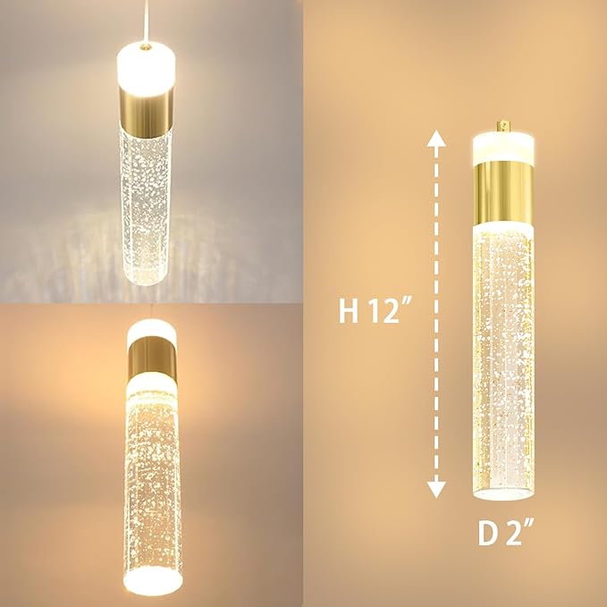 Gold Pendant Light Crystal Pendant Light Fixtures for Kitchen Island Lighting 3000k-6000k LED Modern Adjustable Chandelier Hanging Bubble Pendant Lighting (1Pack)