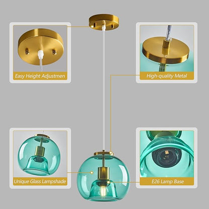 Light Blue Glass Pendant Lights Kitchen Island Gold Hanging Light Fixture Glass Globe Pendant Light Modern Pendant Lighting for Kitchen Island Bedroom Dining Room (7.87", 3 Pack)