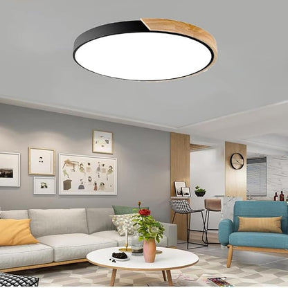 LED Ceiling Light Fixture,12 Inch Modern Wood Recessed Ceiling Lights, Dimmable Light,Black 24W Close to Ceiling Lighting Flush Mount Living Room Bedroom,3000K-6000K