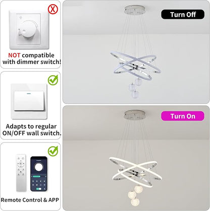 ORANOOR LED Modern 3 Ring Chandeliers for Dining Room, 24in Dimmable Kitchen Pendant Lamp, Silver Dining Room Light Fixtures Ceiling Hanging Over Table, Globe Round Chandeliers for Living Room, Chrome