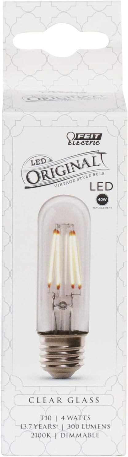Feit Electric Vintage Exposed Filament Clear Glass LED T10 with a Medium E26 Base Light Bulb - 40W Equivalent - 10 Year Life - 300 Lumen - 2100K Soft White - Dimmable | Original Vintage
