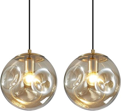 Modern Amber Concave Glass Pendant Light, 2-Pack Kitchen Island Lighting Single Globe Pendant Light Fixtures Century Kitchen Island Pendant Light for Bedroom Dining Room Light (Without Bulbs)