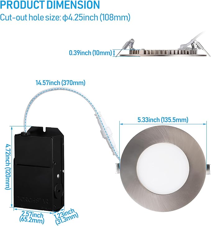 TORCHSTAR E-Lite Series 4 Inch Slim Recessed Lighting with J-Box, 10.5W Ultra-Thin LED Recessed Light, Dimmable Canless Downlight, ETL&ES Listed, CRI90, 2700K Soft White, Satin Nickel, Pack of 6