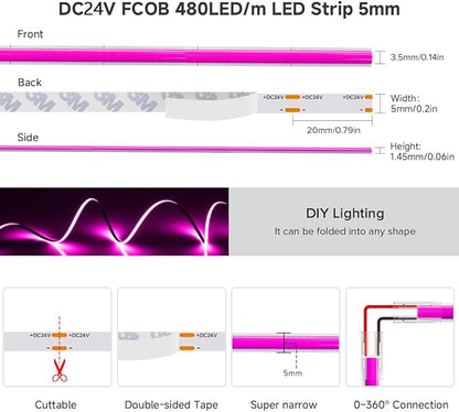 BTF-LIGHTING FCOB COB LED Strip Purple Color 5mm Width UL Listed Super Narrow Flexible Uniform Light DC24V 16.4FT CRI 90+ Dimmable LED Ribbon for Bedroom Home Indoor Decor(No Adapter or Controller)