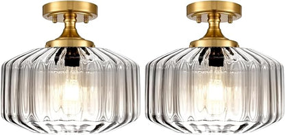 Glass Globe Ceiling Light 2 Pack Dining Room Light Fixture 1-Light Ceiling Lamp Clear Striped Glass Shade Semi Flush Mount Ceiling Light Fixture Farmhouse for Hallway, Kitchen, Entryway