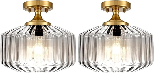 Glass Globe Ceiling Light 2 Pack Dining Room Light Fixture 1-Light Ceiling Lamp Clear Striped Glass Shade Semi Flush Mount Ceiling Light Fixture Farmhouse for Hallway, Kitchen, Entryway