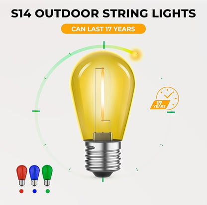 GvvooHome 15 Pack S14 Colored LED String Light Bulbs, 1W Plastic Shatterproof Replacement Bulbs for Outdoor Patio Backyard Lights, E26 Medium Base, Dimmable, Warm White 2200K, Red/Green