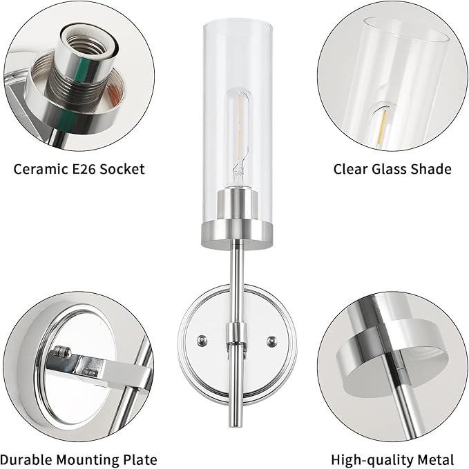 WILON Modern Wall Sconces 2 pcs, Bathroom Light Fixture with Long Clear Glass Shades, Indoor Siver Wall Lamp for Vanity Mirror Bedroom Living Room Bedside Hallway Corridor Stairs, Chrome