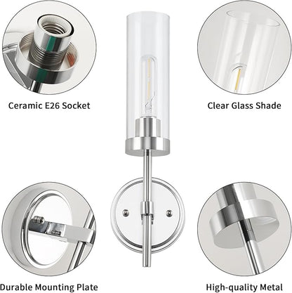 WILON Modern Wall Sconces 2 pcs, Bathroom Light Fixture with Long Clear Glass Shades, Indoor Siver Wall Lamp for Vanity Mirror Bedroom Living Room Bedside Hallway Corridor Stairs, Chrome