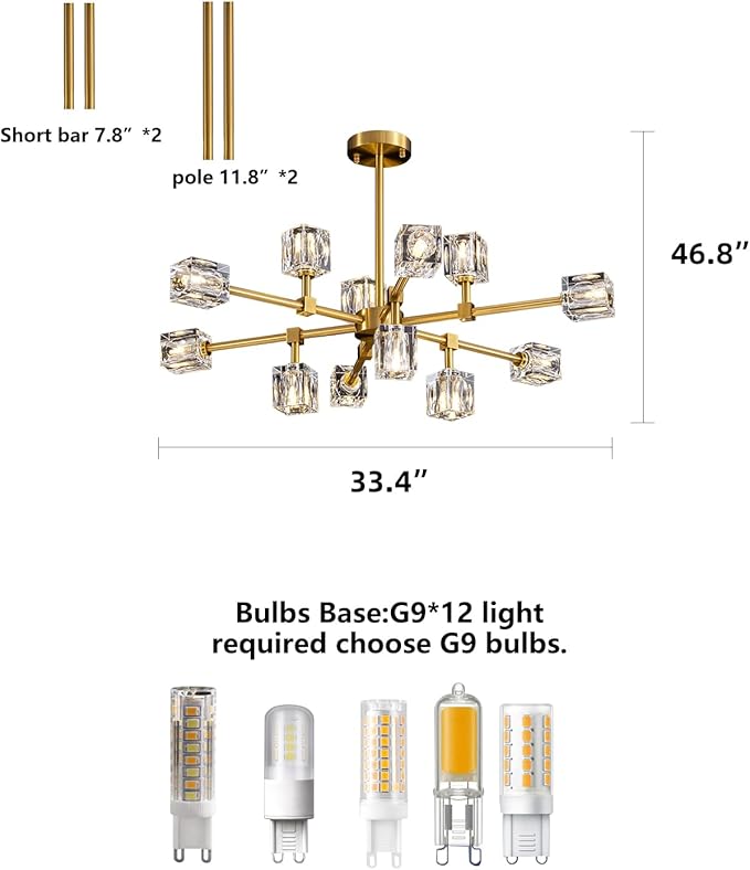 Crystal Chandeliers for Dining Room Light Fixtures,Gold Sputnik Chandelier with 12-Lights,Modern Adjustable Height Semi Flush Mount Ceiling Light Fixture for Kitchen Island Bedroom Entryway