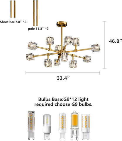 Crystal Chandeliers for Dining Room Light Fixtures,Gold Sputnik Chandelier with 12-Lights,Modern Adjustable Height Semi Flush Mount Ceiling Light Fixture for Kitchen Island Bedroom Entryway