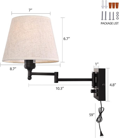 Bedside Wall Mount Light with Dimmable Switch and Outlet, Swing Arm Fabric Shade Wall Sconce Light with USB Port and Plug in Cord, Black Wall Lamp for Bedroom, Living Room and Hotel