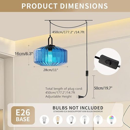 Plug in Glass Pendant Light Corded Pendant Light with Plug in Cord Large Glass Hanging Lamp Plug in Ceiling Pendant Lights Stripe Blue Light Fixtures for Kitchen Sink Living Room